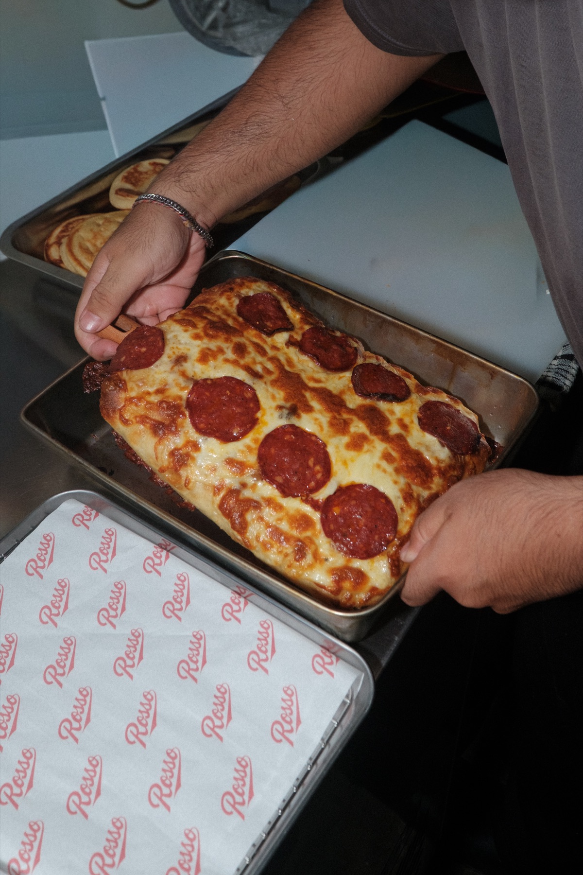 Detroit pizza out of the oven